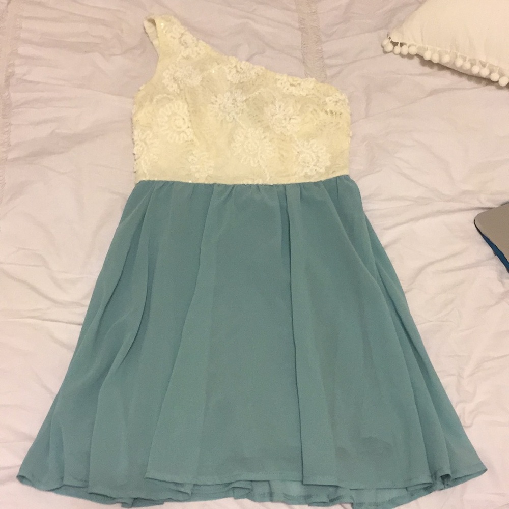 White and teal dress
